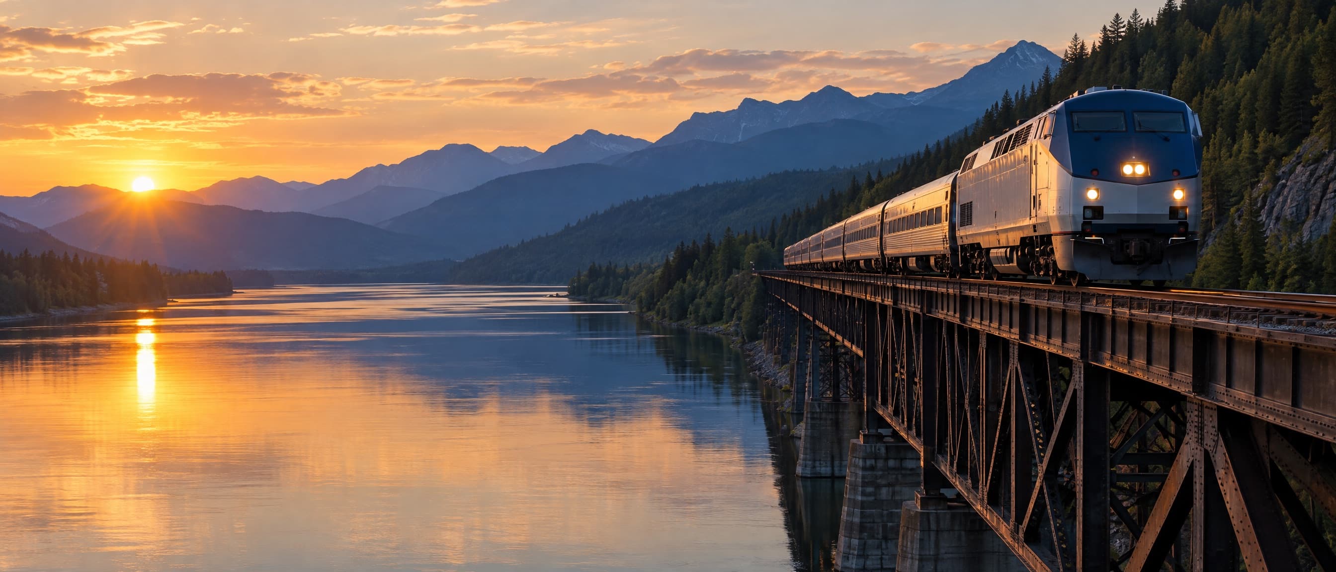 A passenger train crossing a trestle bridge over a calm river at sunset, with mountain ridges beyond